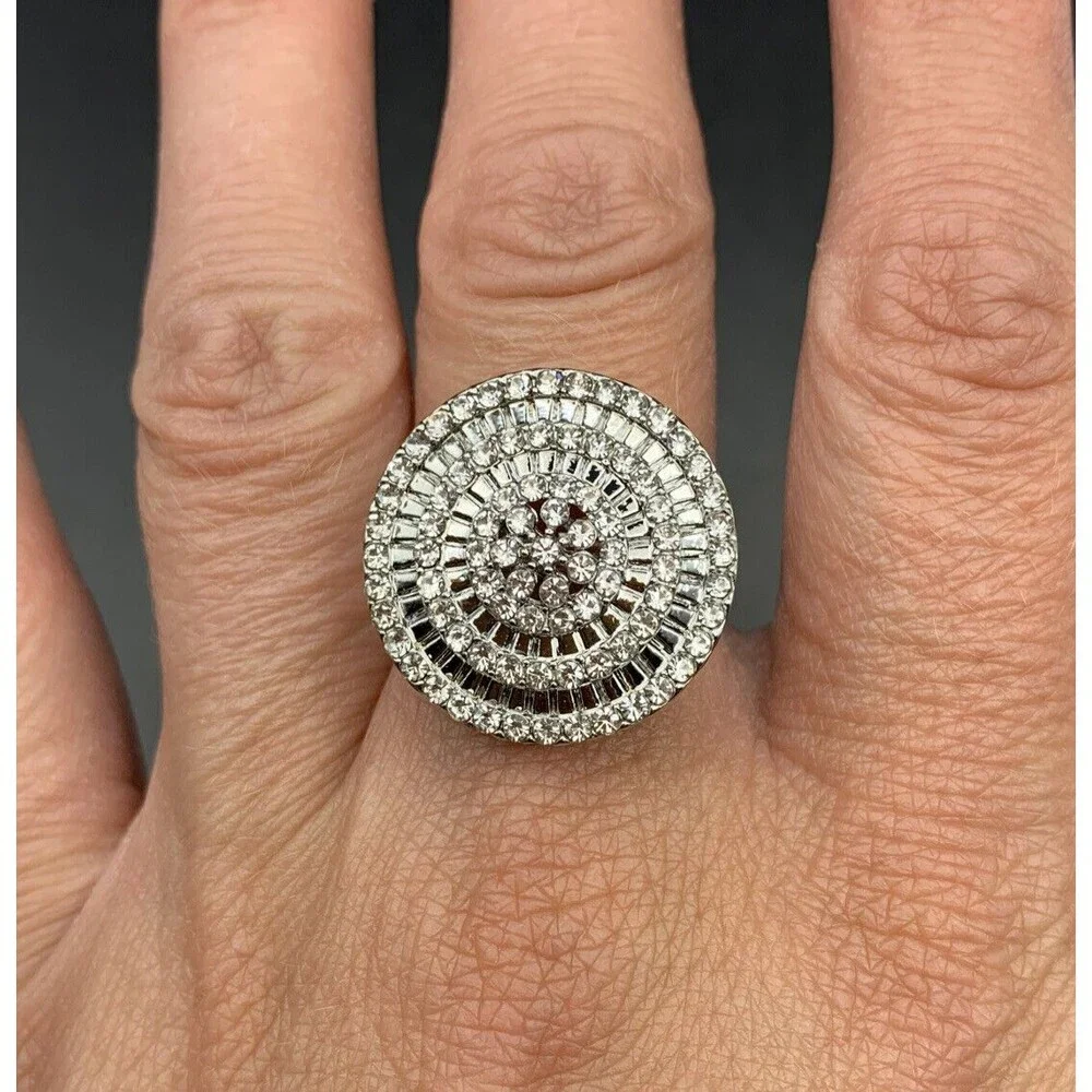 Clear Rhinestone Round Statement Ring Size 7.25 Large Big Floral Flower Center